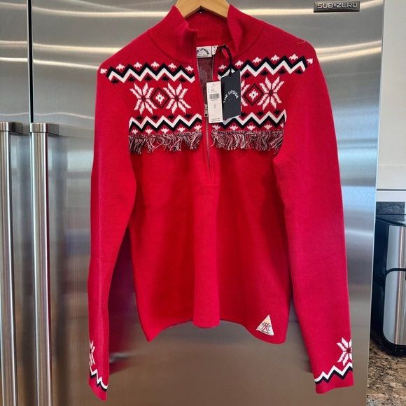 NWT The Upside Keystone Blanche Half Zip Sweater in Red with fringe in Chili Red - Picture 2 of 16
